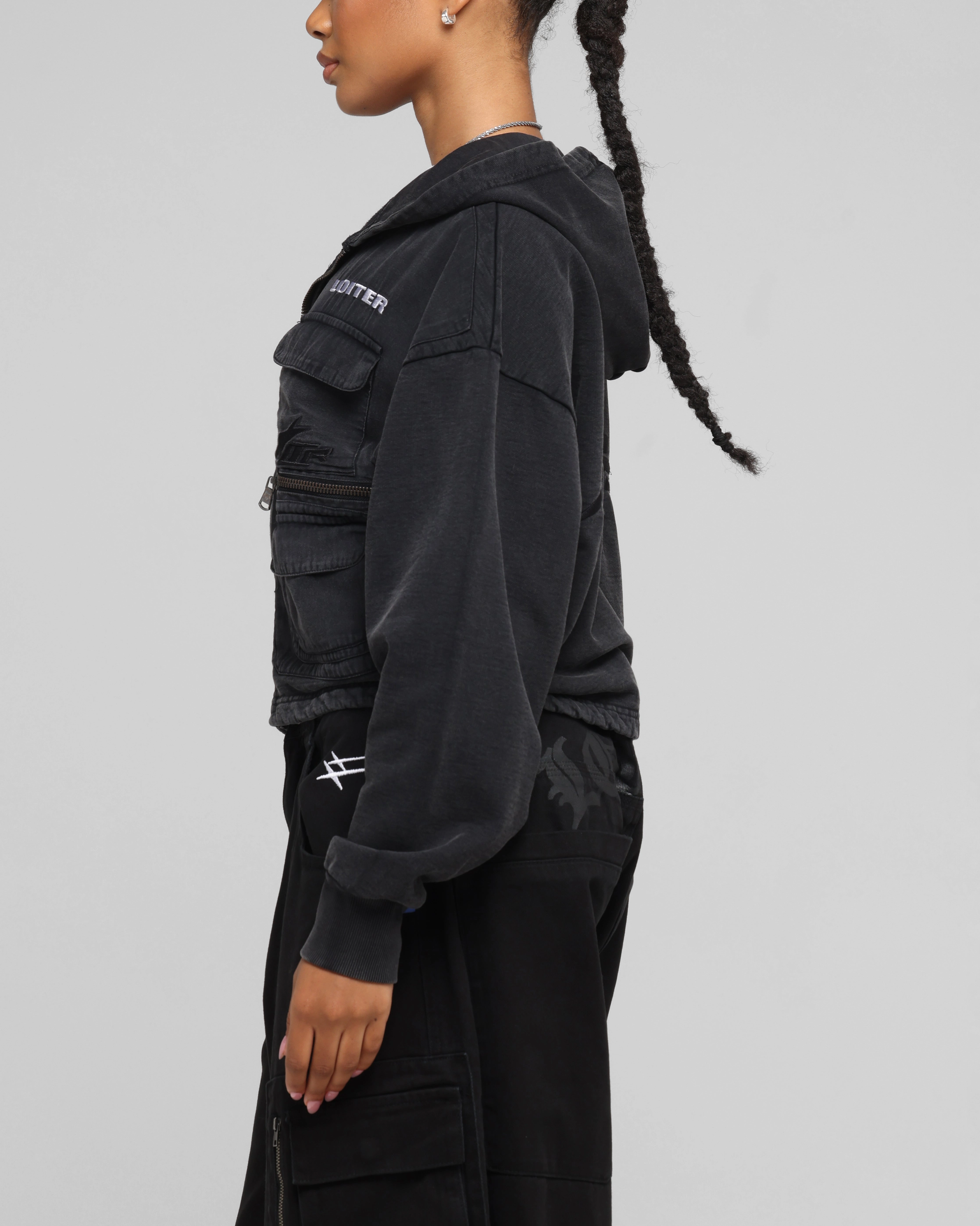 Loiter Women's Utility Cropped Hoodie Washed Black Office Comfort