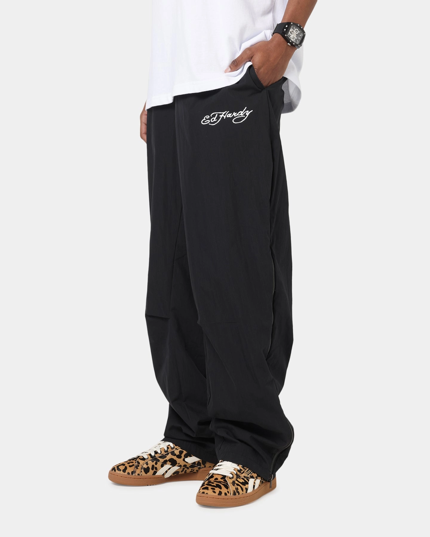 Lightweight Fabric Water resistant coating Ed Hardy Zip Track Pants Black
