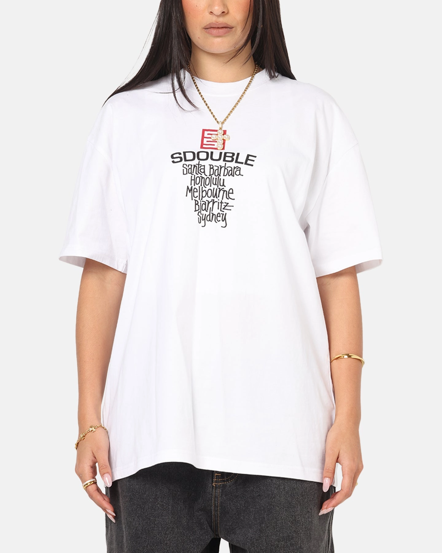 S Double Cities T-Shirt White Boat neck style Compact Stitch Pattern