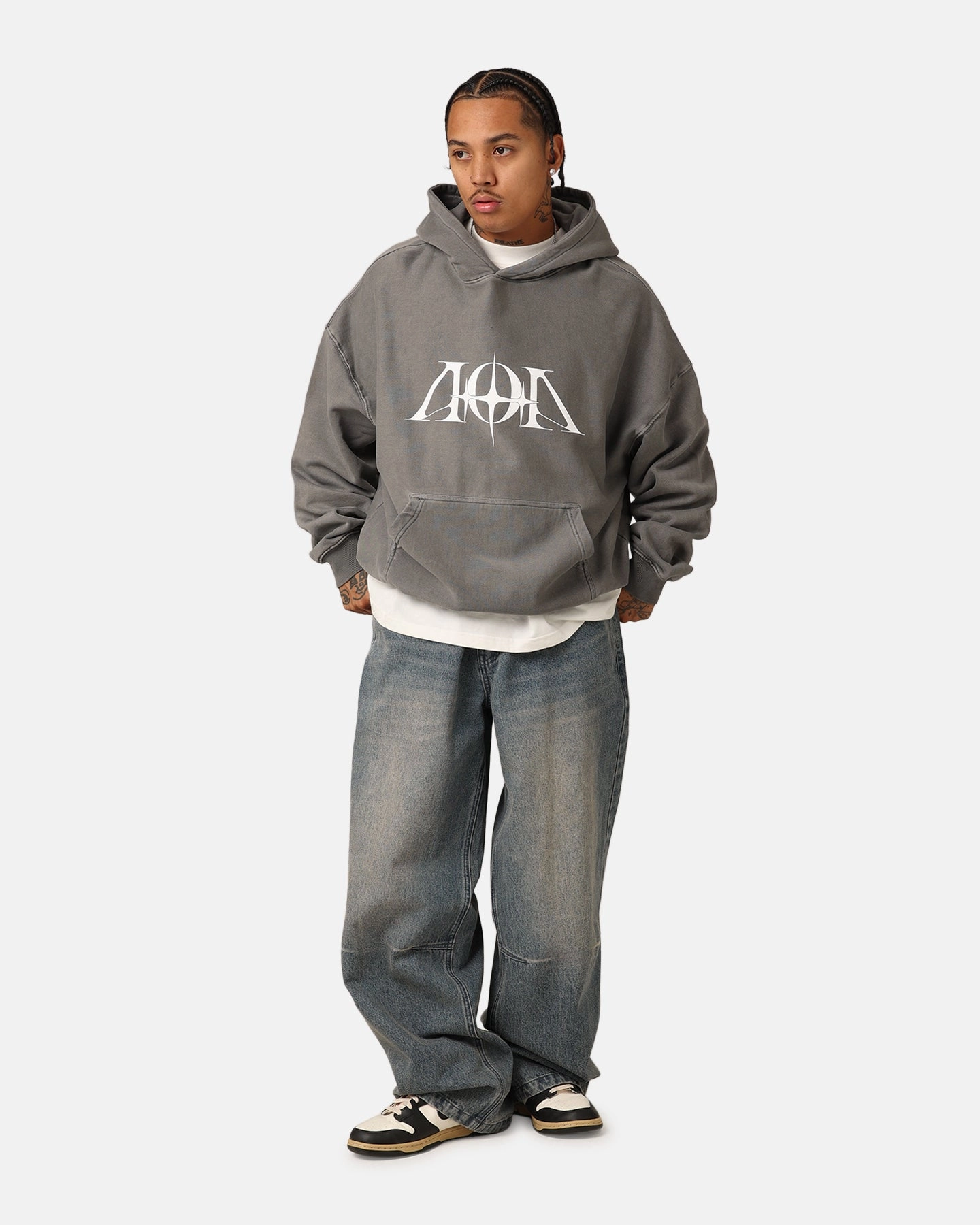 The Anti Order AOA Premium Hoodie Washed Charcoal Multi Panel Construction V-Neck