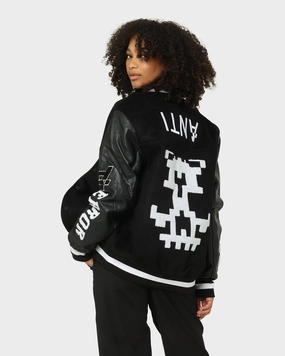 The Anti Order Dead Pixel Leather Varsity Jacket Black/White Deodorant Raglan sleeves