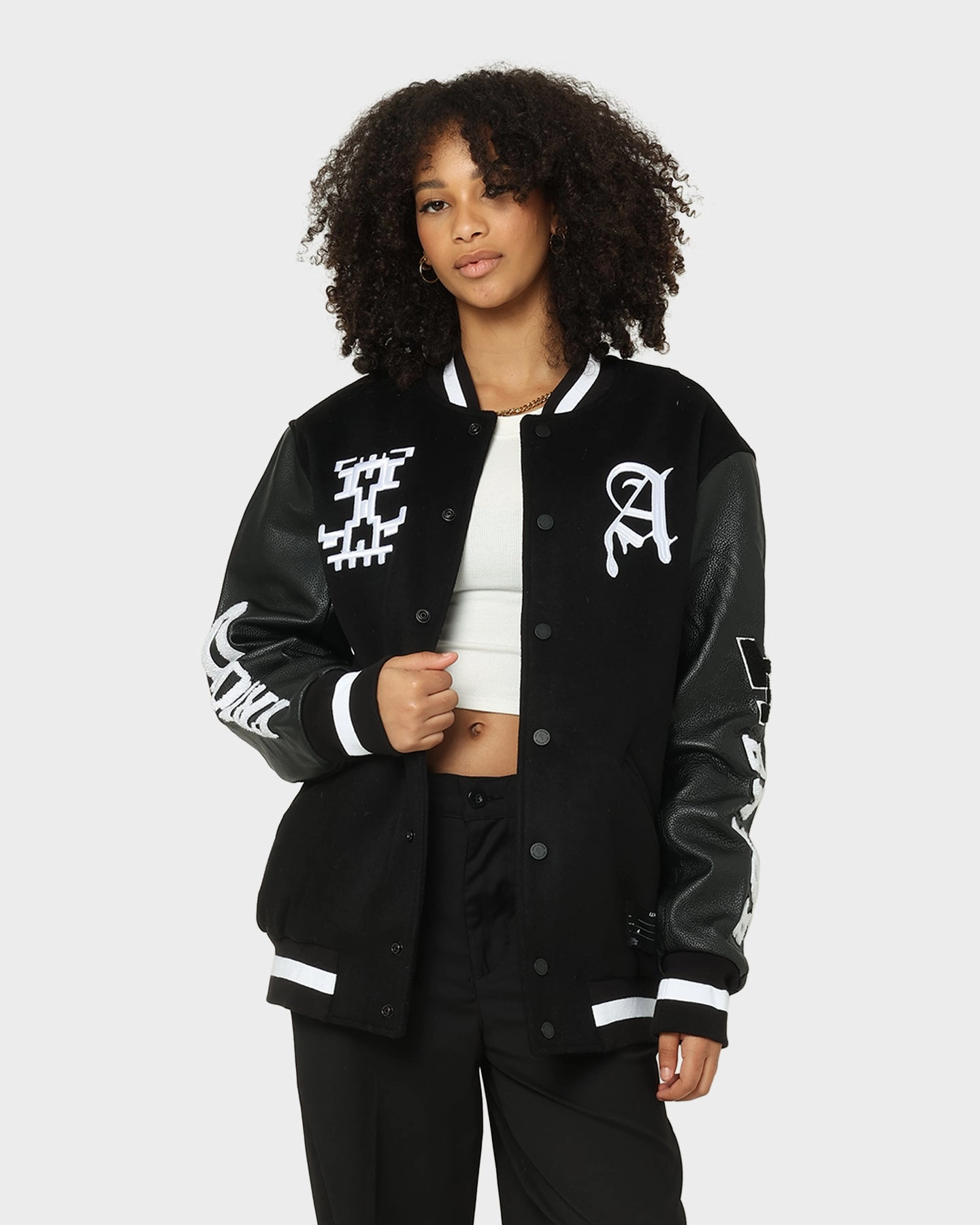 The Anti Order Dead Pixel Leather Varsity Jacket Black/White Sombrero Anti Static Lining