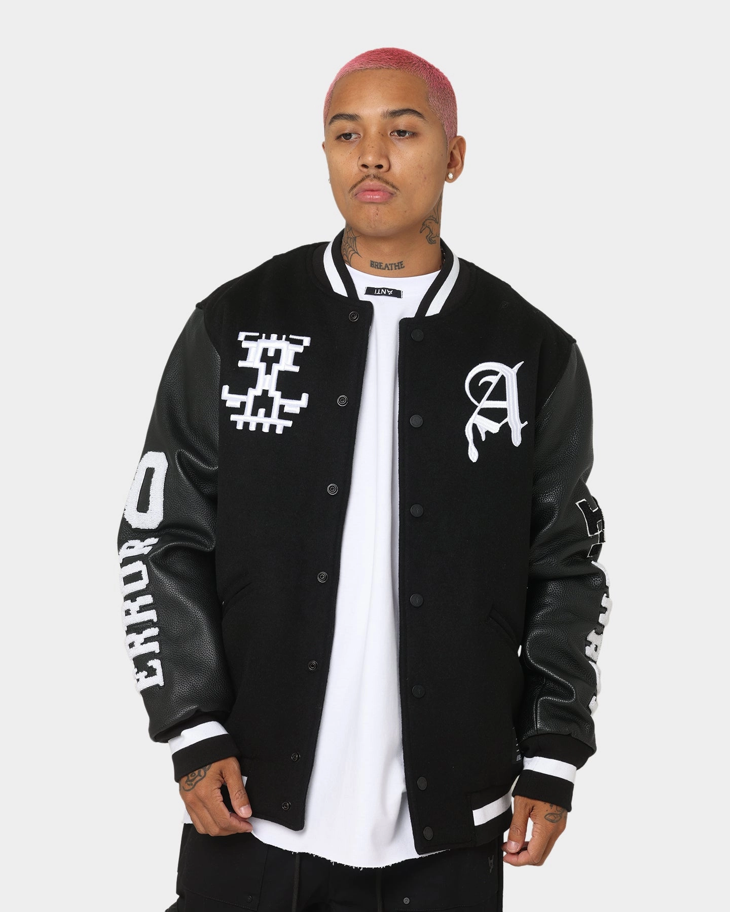 The Anti Order Dead Pixel Leather Varsity Jacket Black/White Waterproof Material