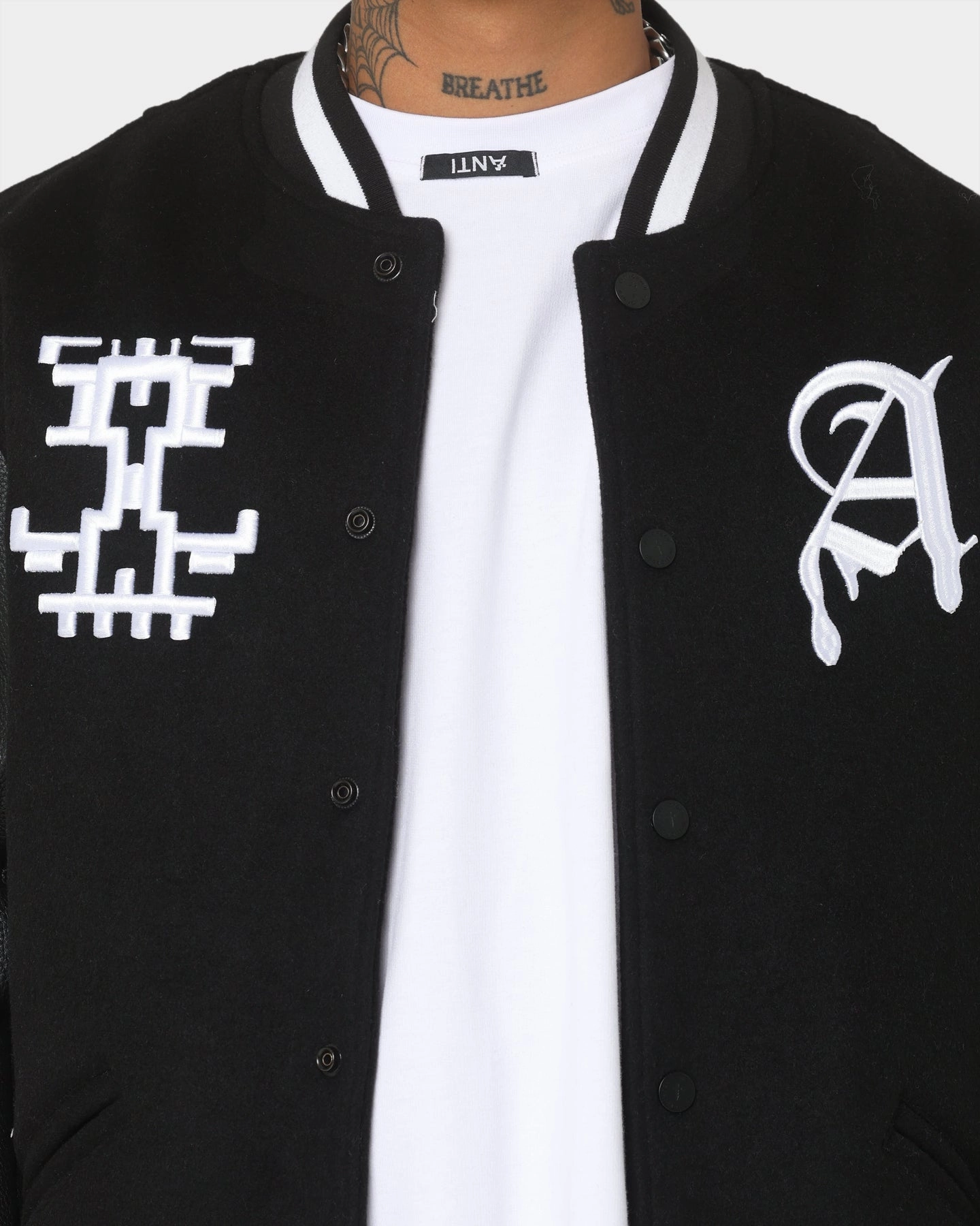 Stock Seasonal Wear The Anti Order Dead Pixel Leather Varsity Jacket Black/White