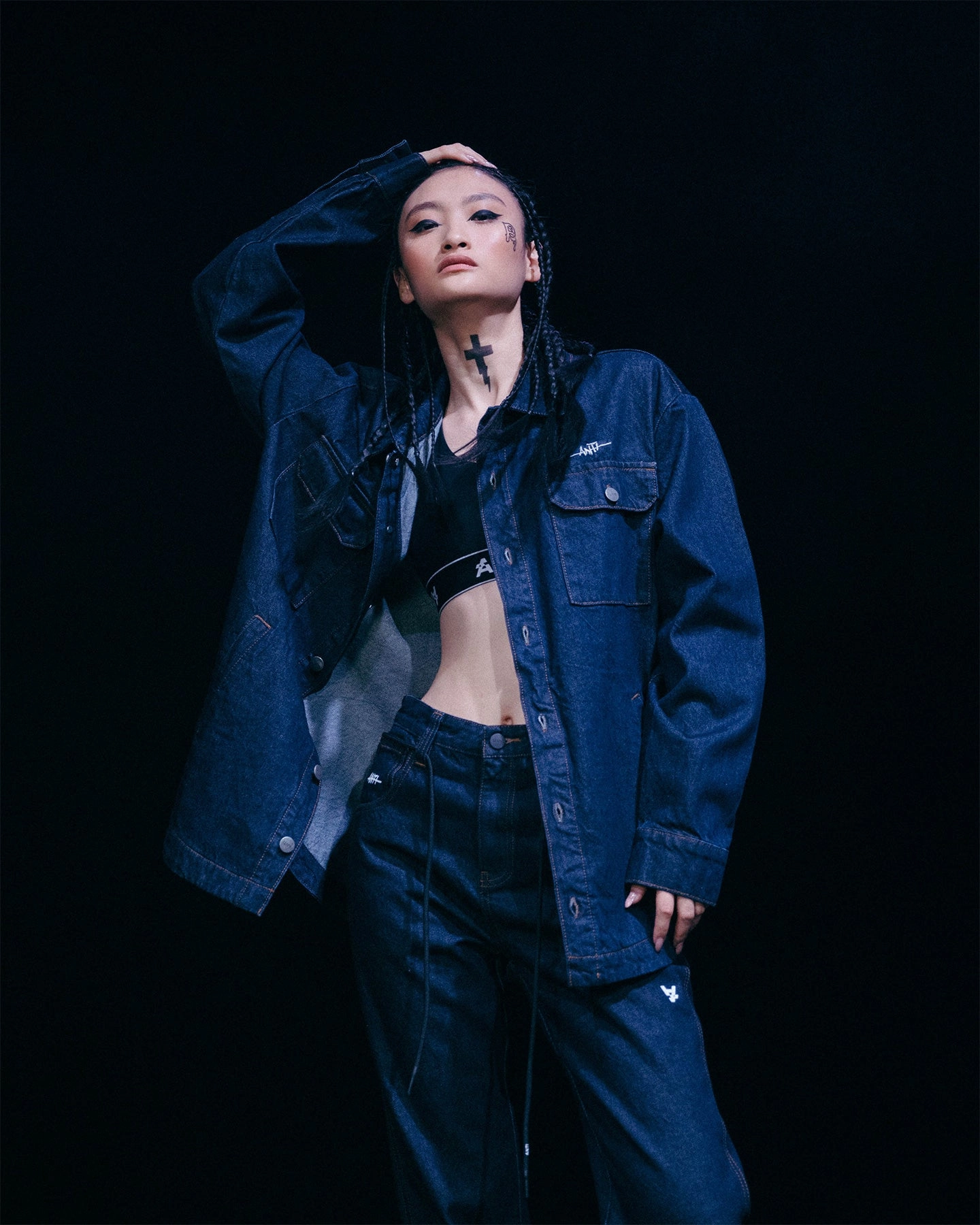 Four Way Stretch Reflective Trim The Anti Order Oversized Denim Shirt Dark Indigo