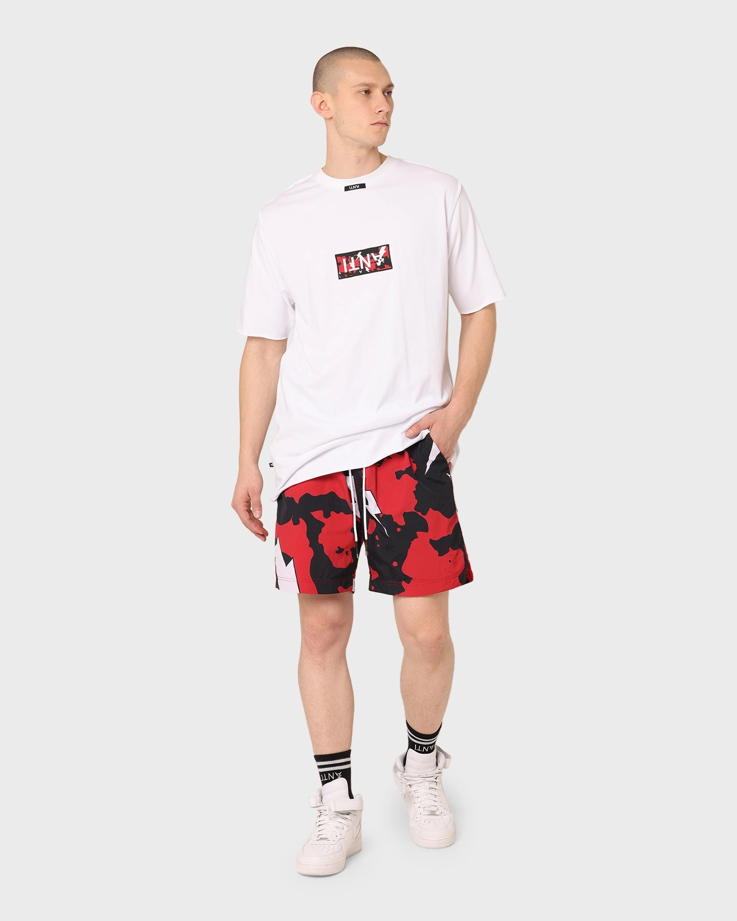 Festival wear The Anti Order Storm Camo Beach Shorts Black/White/Red