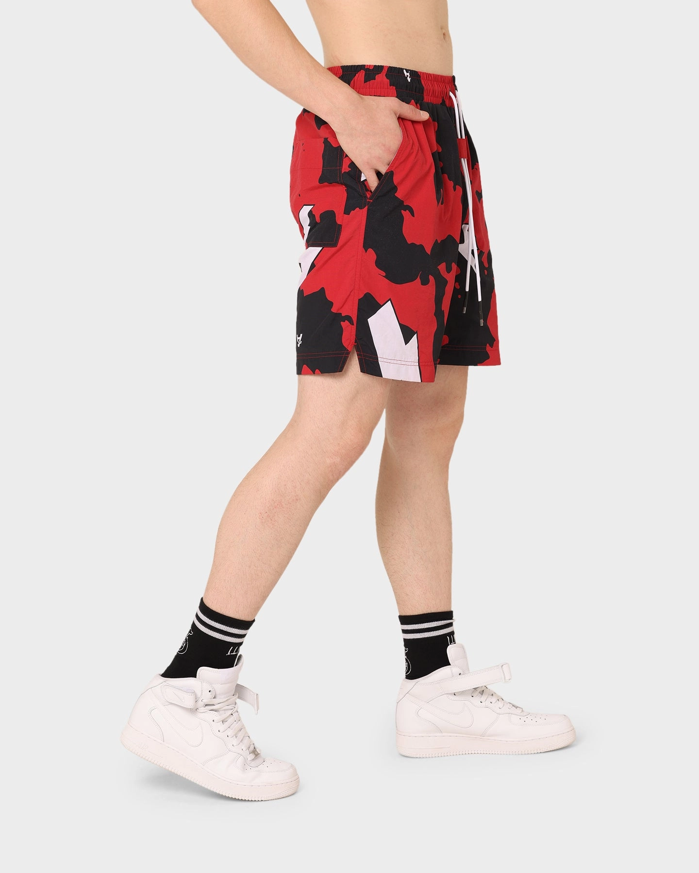 The Anti Order Storm Camo Beach Shorts Black/White/Red Breathable Side Vents