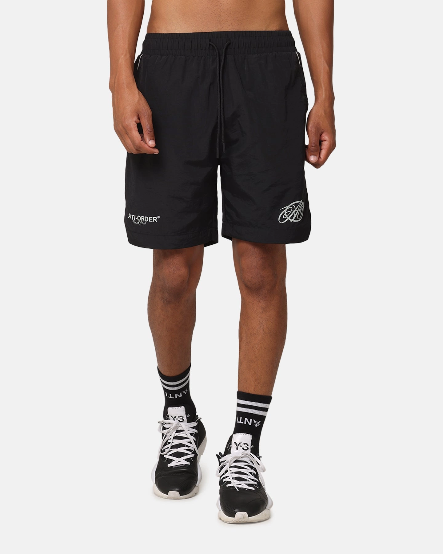 The Anti Order Track Club Nylon Shorts Black/White Rubberized Waist Grip
