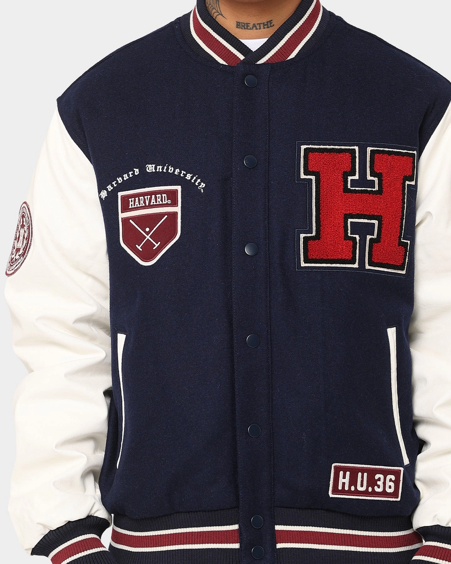suitable for birthdays Adventure Wear The New Establishment Harvard Two Tone Letterman Jacket Navy/White