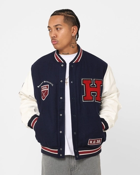 The New Establishment Harvard Two Tone Letterman Jacket Navy/White Secure Chest Pocket Comfy Layer
