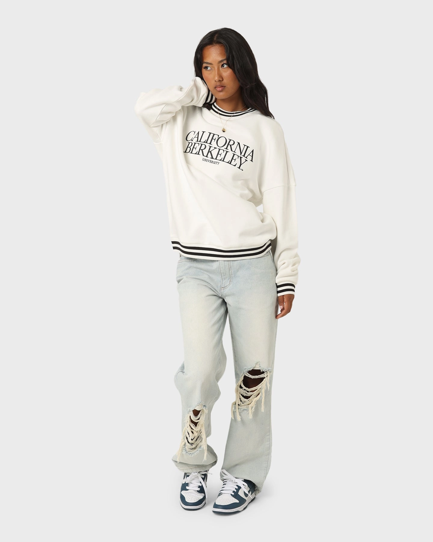 The New Establishment Women's University Of California Berkeley College Trim Crewneck Vintage White Empathy Vegan