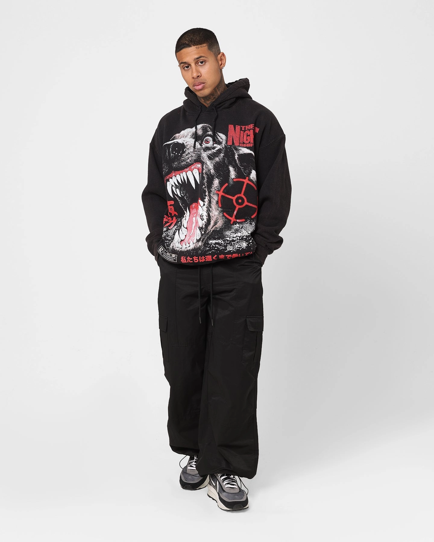 The Night Shift Dog Vintage Hoodie Black Wash AdjustableCuffs