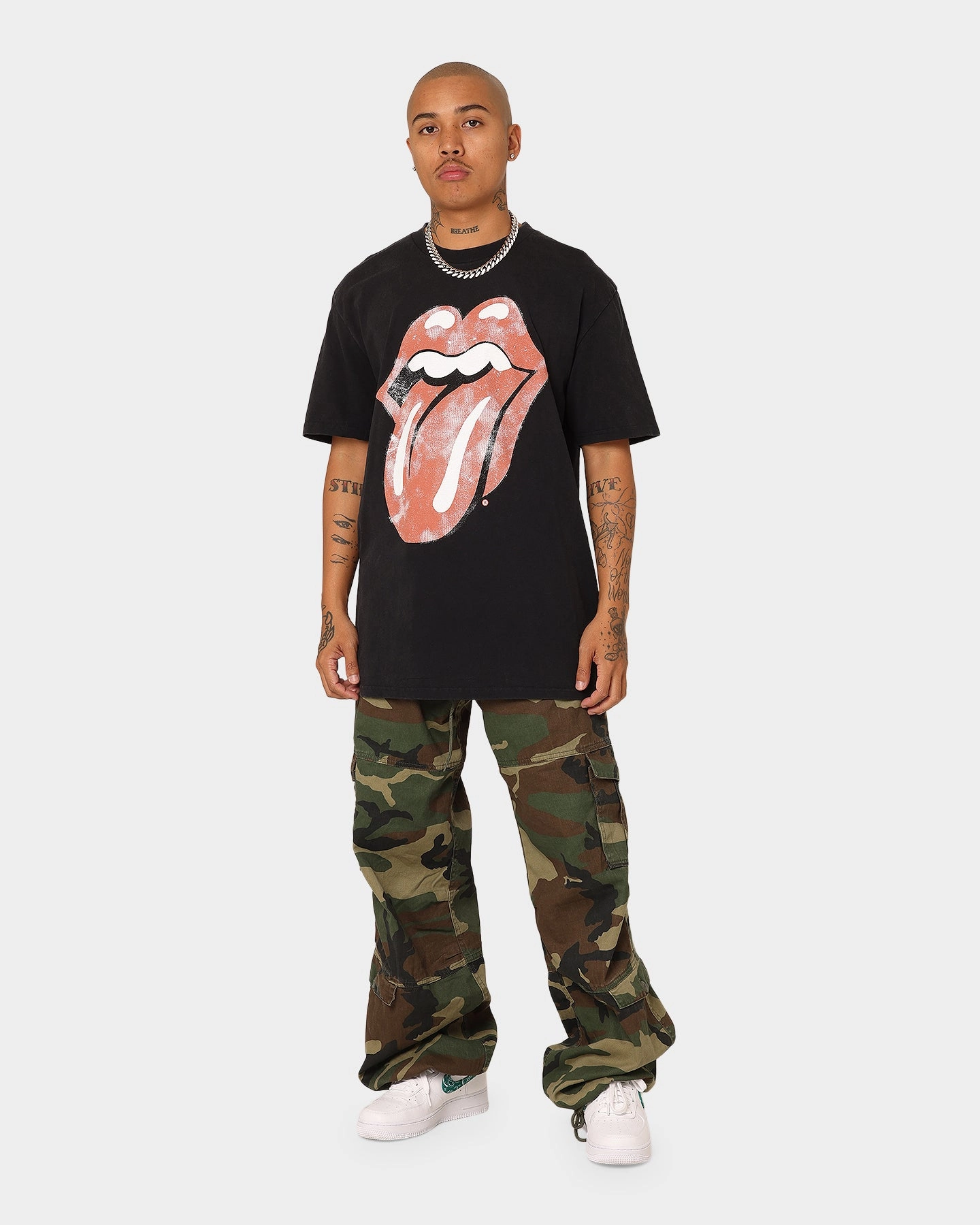 Loose Fit Casual Essential The Rolling Stones Distress Tongue Vintage T-Shirt Washed Black