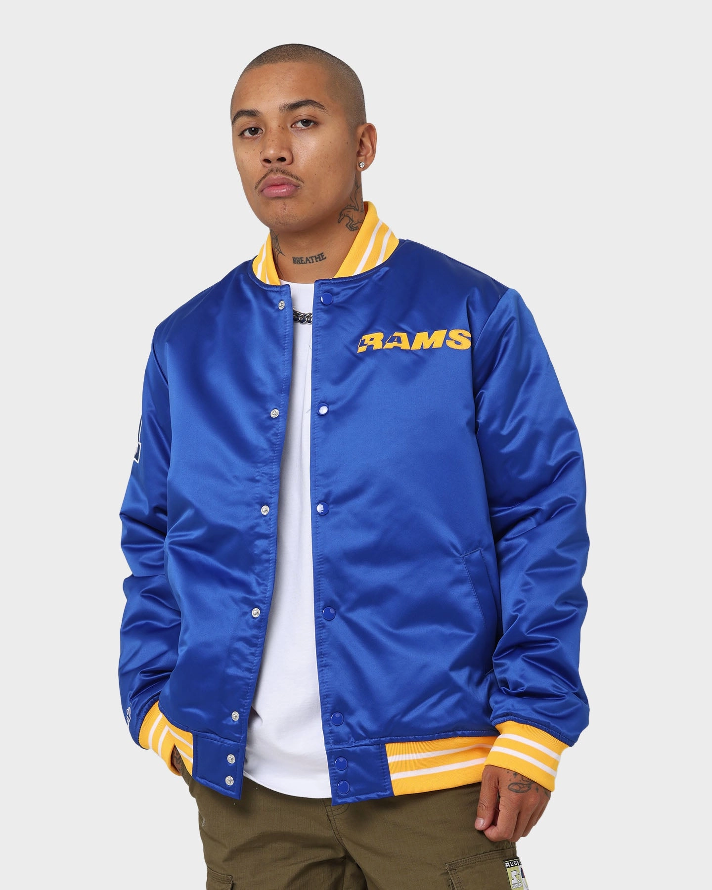 Mitchell & Ness Los Angeles Rams Heavyweight Satin Jacket Royal Button Closure Compression Storage Sack