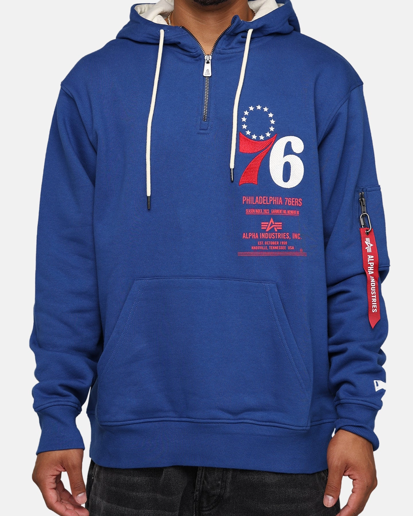 New Era X Alpha Industries Philadelphia 76ers Zipper Hoodie Blue Multi Pocket System Frost Shield