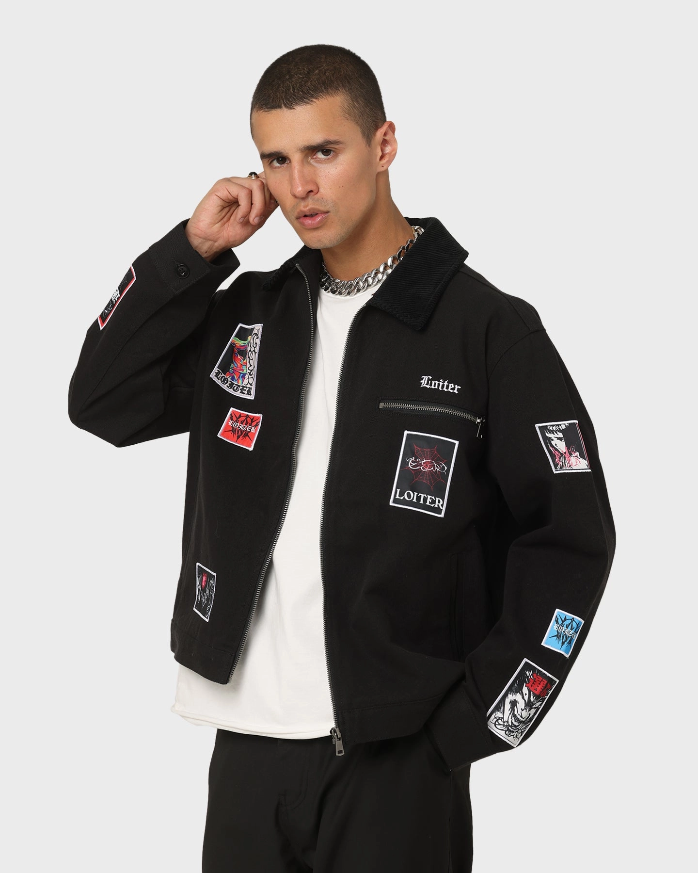 Loiter Patchwork Jacket Black Quilted Stitching Taped Zipper Closures
