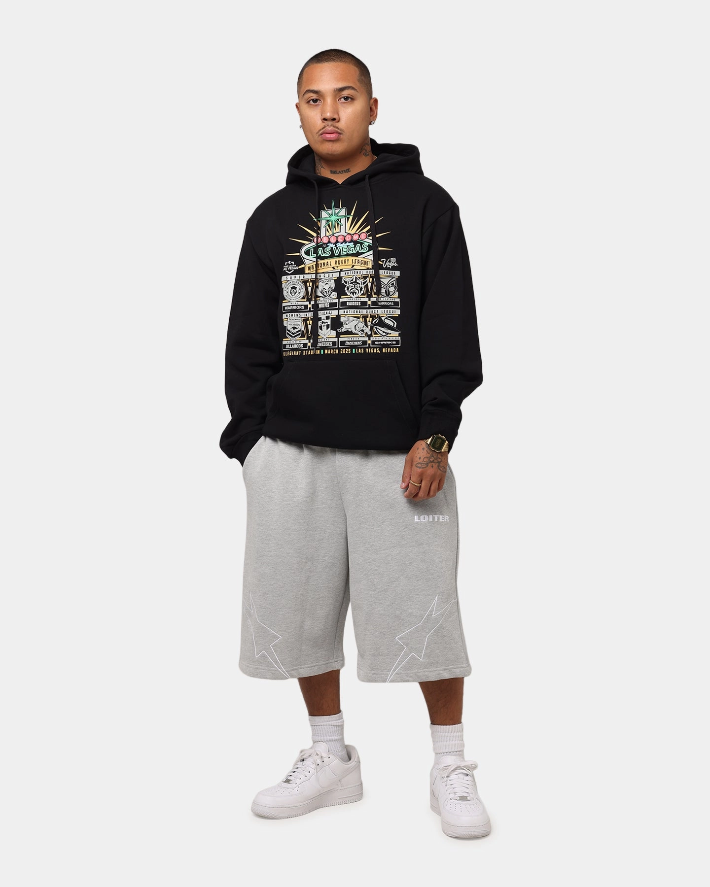 Tidwell NRL 2025 Las Vegas Round Sign Hoodie Black beach scene DurableShell