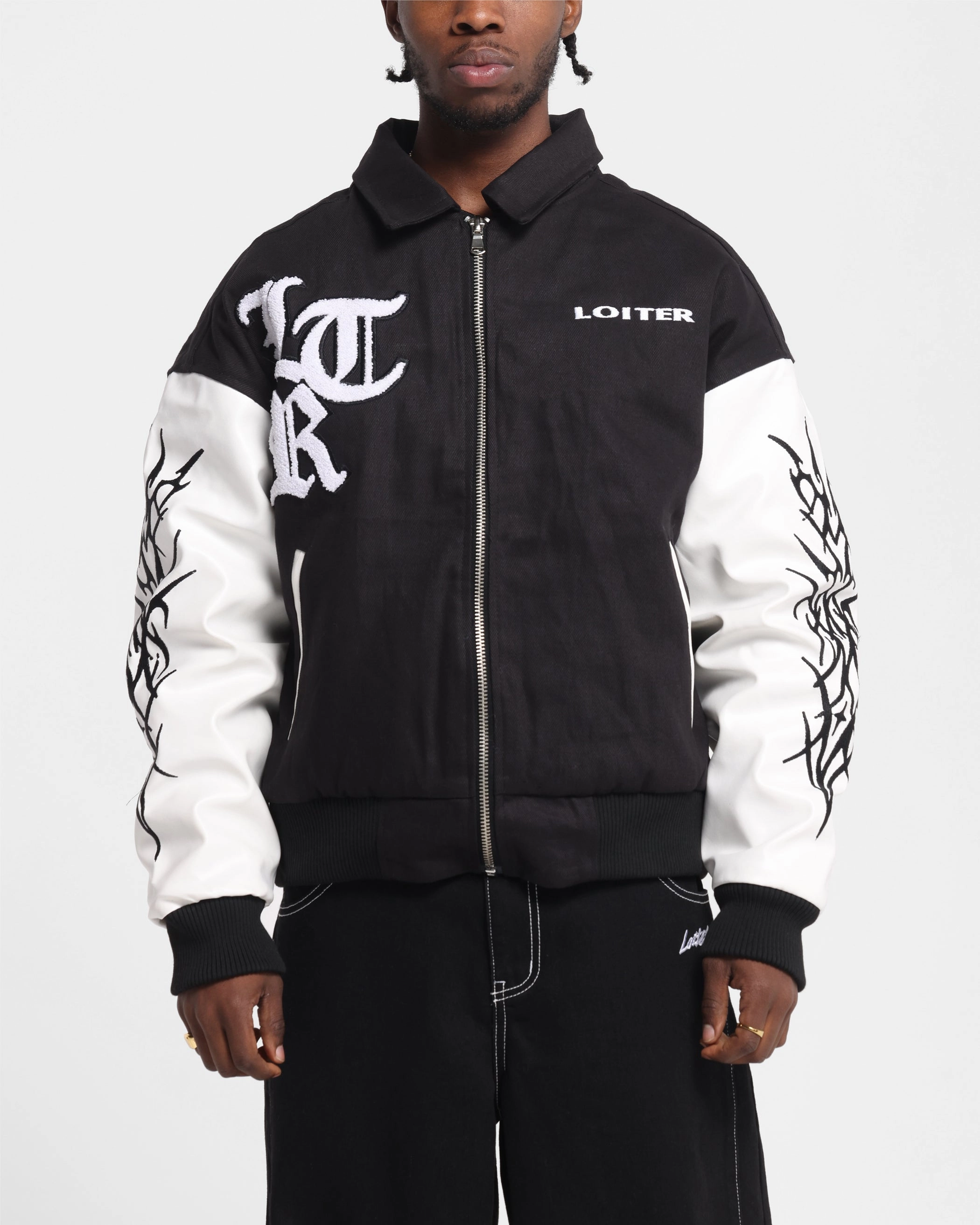 Loiter Cyber Varsity Jacket Black/White Magnetic Closure