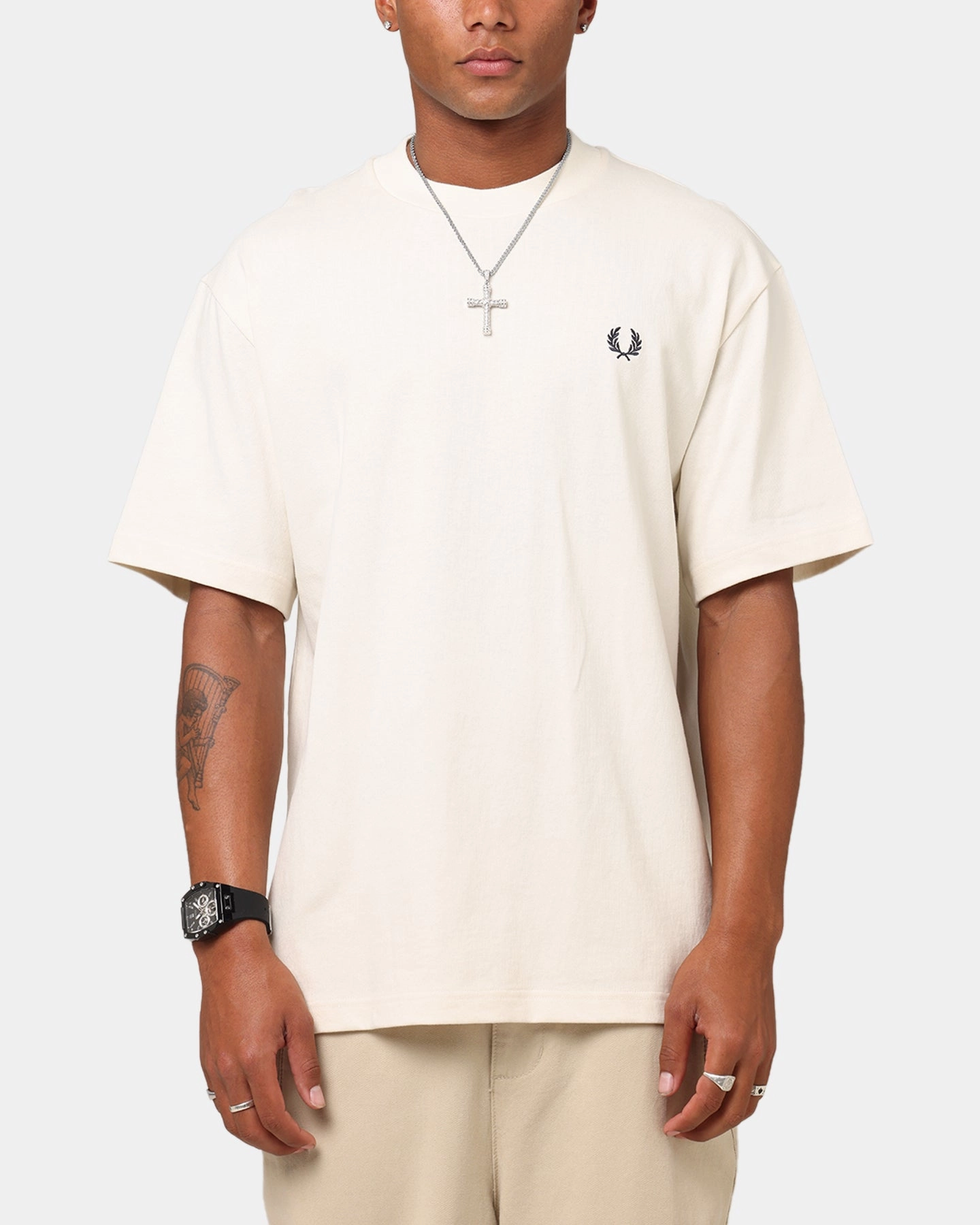 Bohemian style Fred Perry Embroidered Champion T-Shirt Ecru