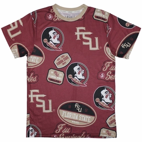 League Men's All Over Seminole Logo/Stacked FSU Design Short Sleeve T-shirt - Garnet Urban Fashion Soft Touch Texture