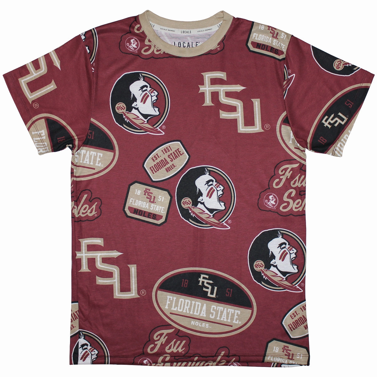 League Men's All Over Seminole Logo/Stacked FSU Design Short Sleeve T-shirt - Garnet Beachwear