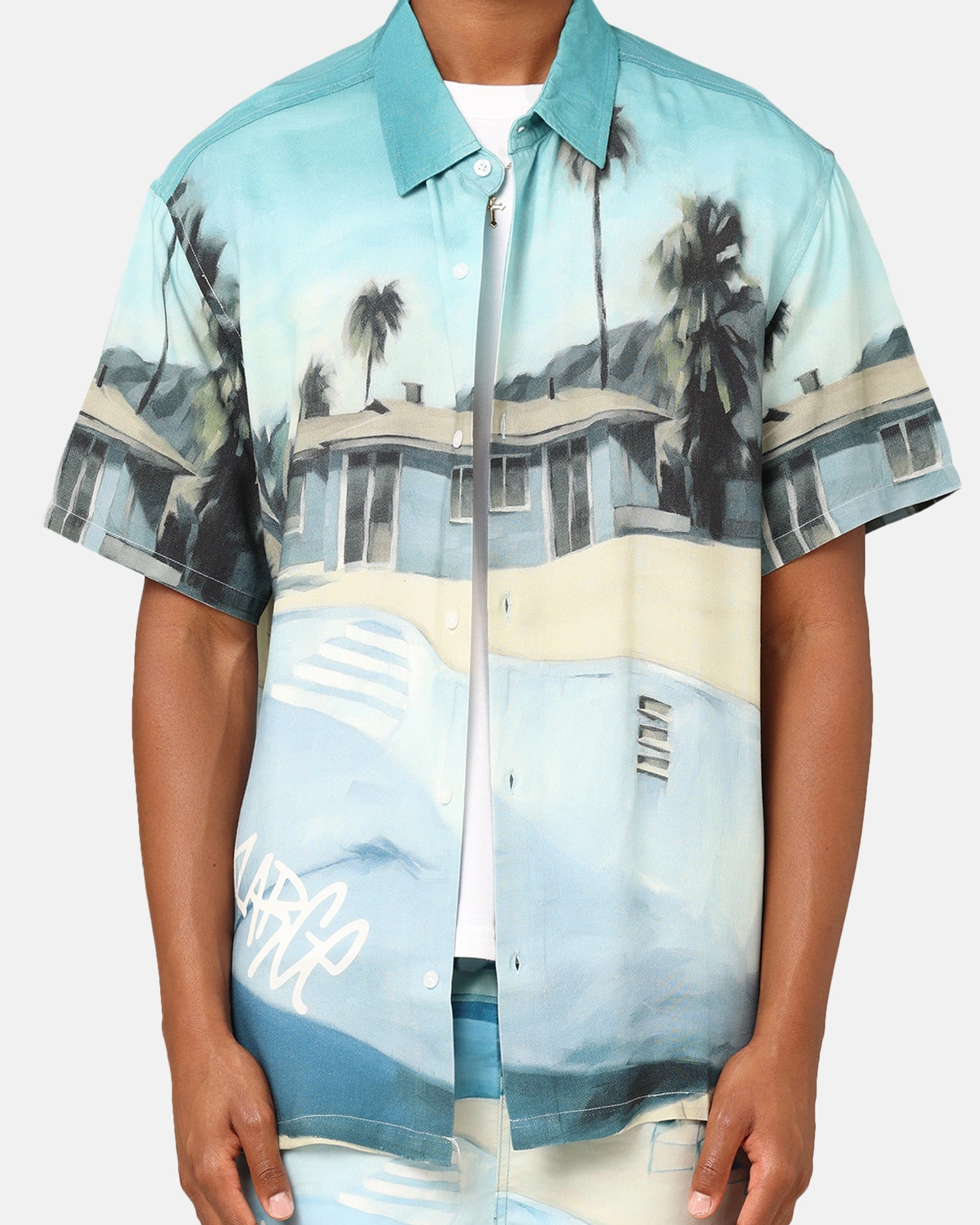 X-Large Graffiti Pool Rayon Short Sleeve Shirt Multi Seamless Side Panels formal dinner