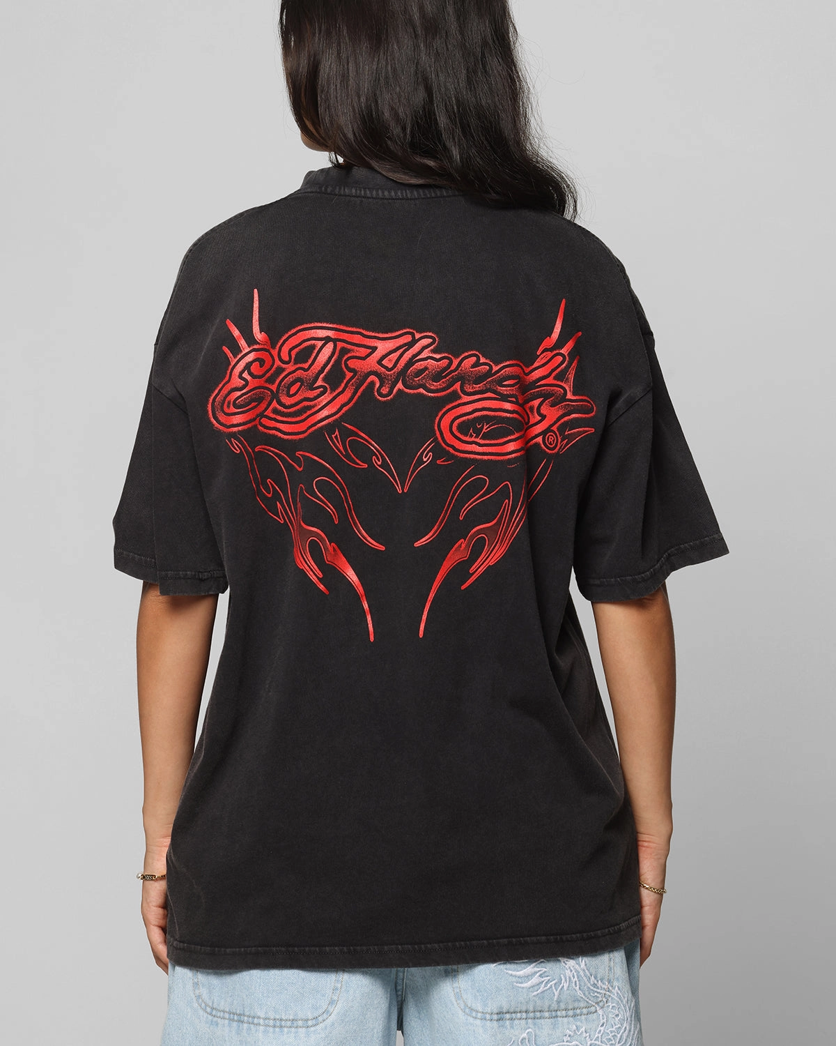 Ed Hardy Tribal T-Shirt Black Acidwash Chilly Day Essentials Heather Jersey Material