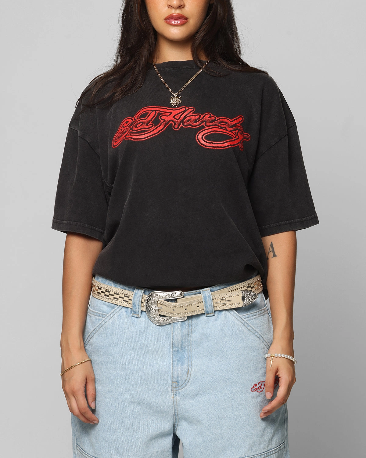 All-Day Wear Ed Hardy Tribal T-Shirt Black Acidwash