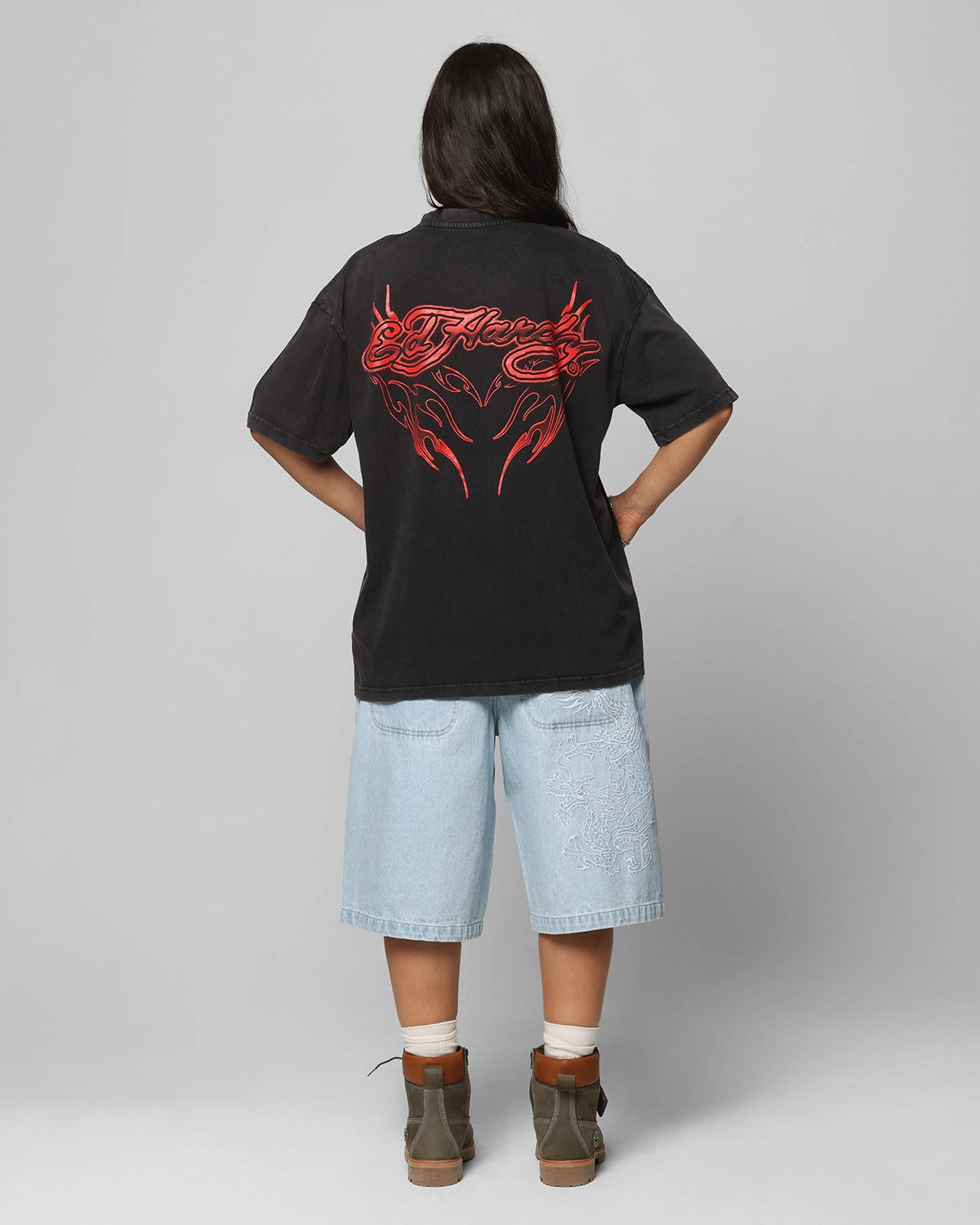 Ed Hardy Tribal T-Shirt Black Acidwash Athletic Wear
