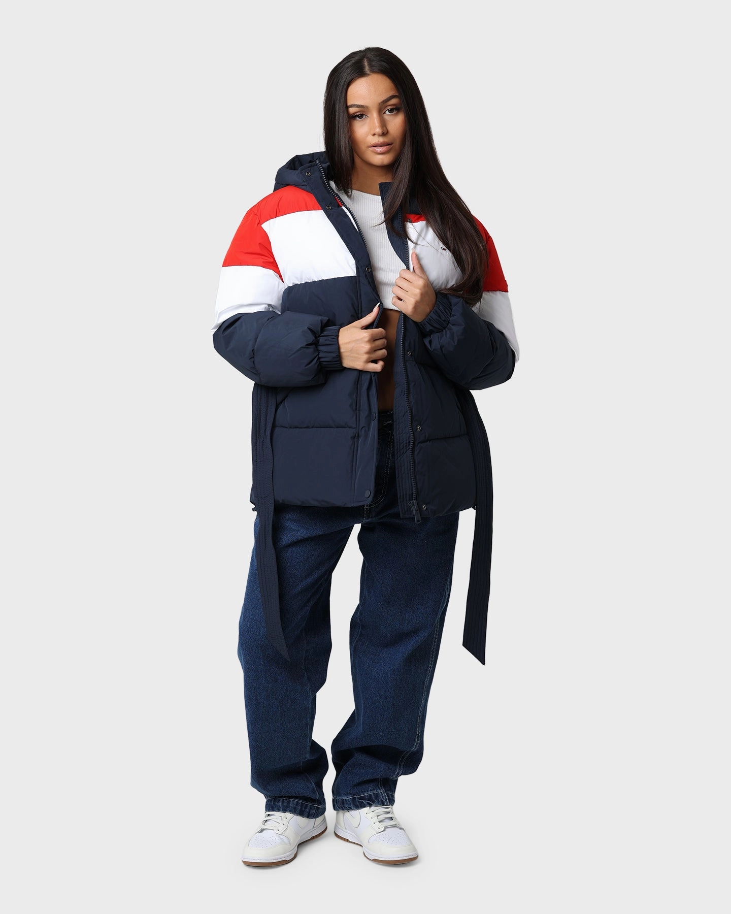 Stretch Knit Fabric Walk Tommy Jeans Belted Down Colour-Blocked Puffer Jacket Twilight Navy
