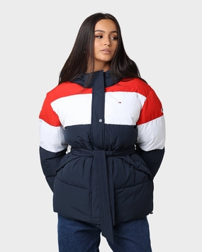 Easy Care Fabric Tommy Jeans Belted Down Colour-Blocked Puffer Jacket Twilight Navy