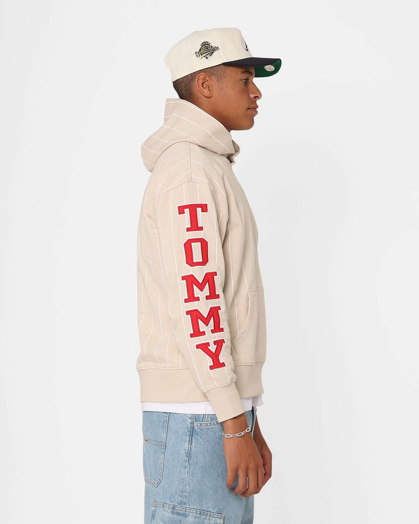 Universal Size Adaptation StretchFit Fabric Technology Tommy Jeans Relaxed Pinstripe Hoodie Classic Beige