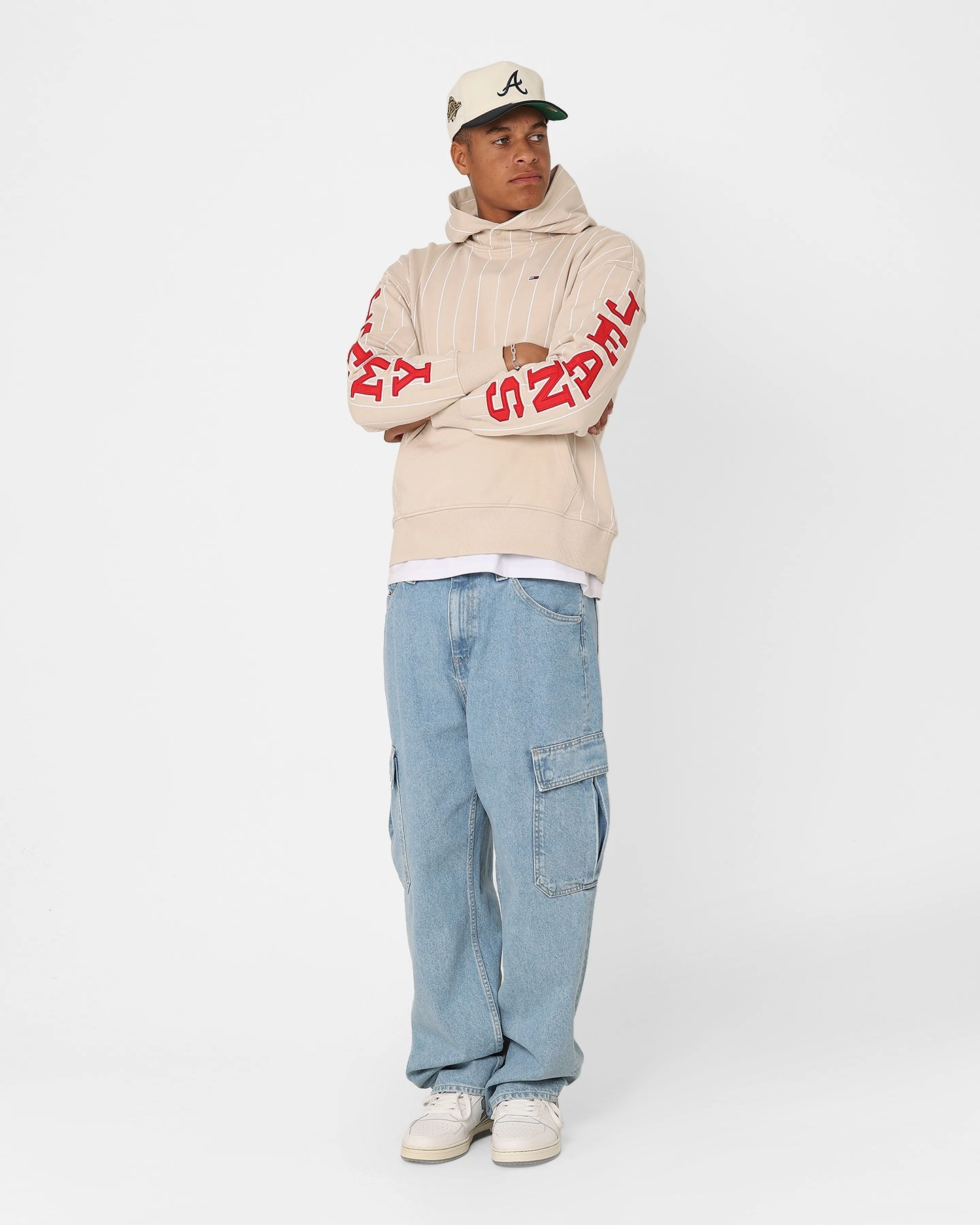UltraLight Packable Design Tommy Jeans Relaxed Pinstripe Hoodie Classic Beige