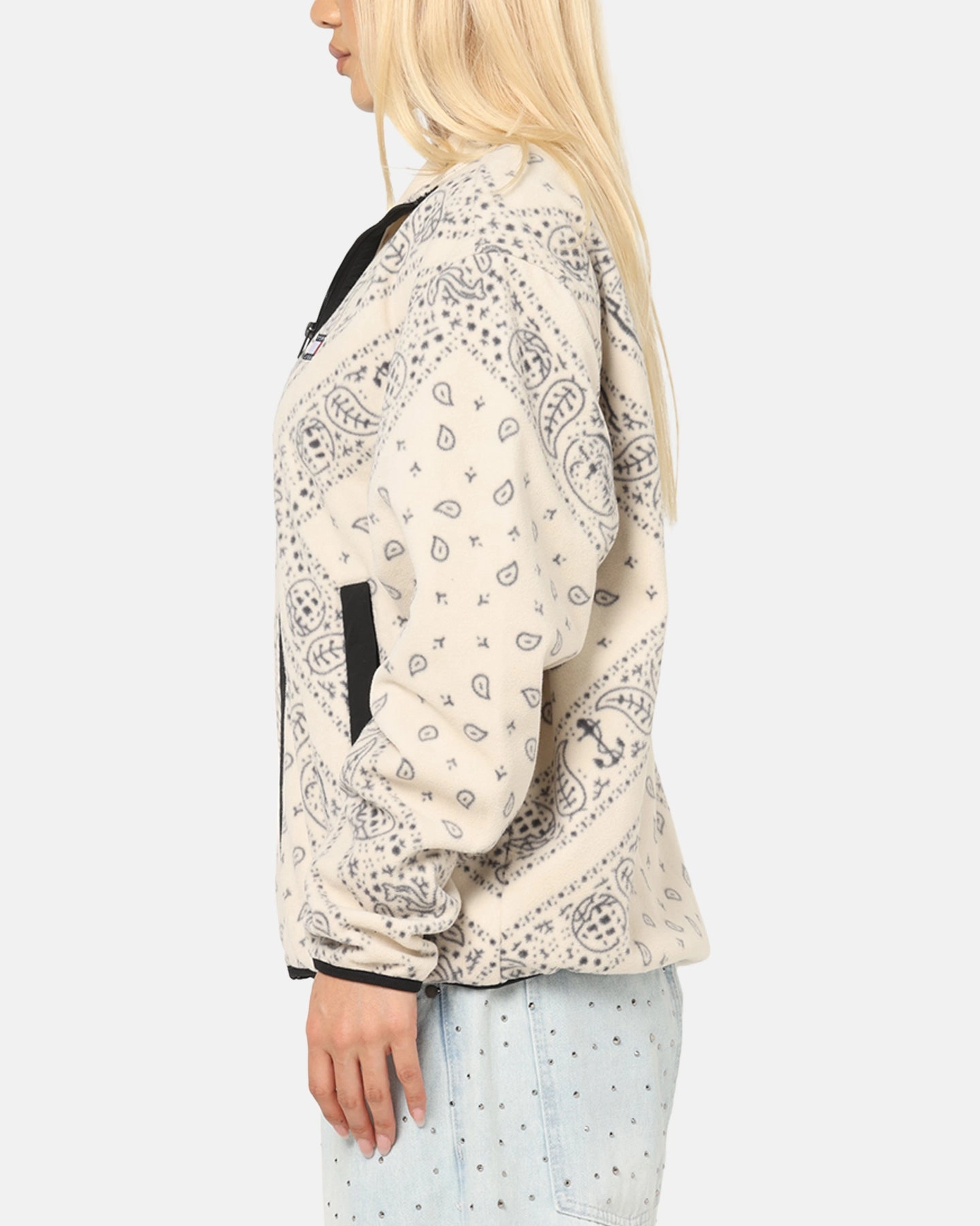 Tommy Jeans Relaxed Zip Paisley Fleece Jacket Newsprint Approach Compressed Packaging