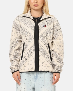 Tommy Jeans Relaxed Zip Paisley Fleece Jacket Newsprint Reflective Safety Trim WaterResistantCoating