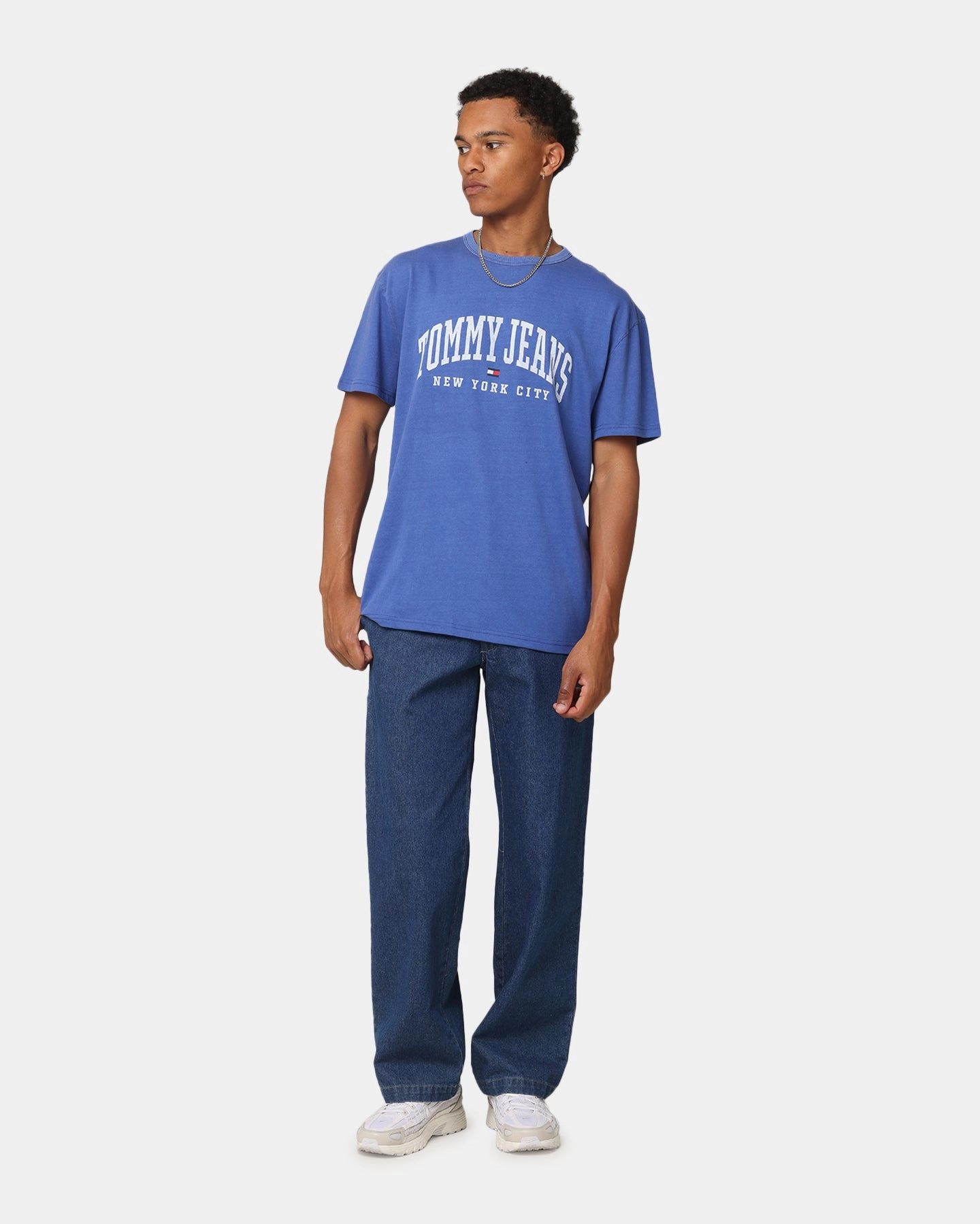 Tommy Jeans TJM Archive Varsity Washed T-Shirt Bright Blue Longline Hemline Timeless Piece