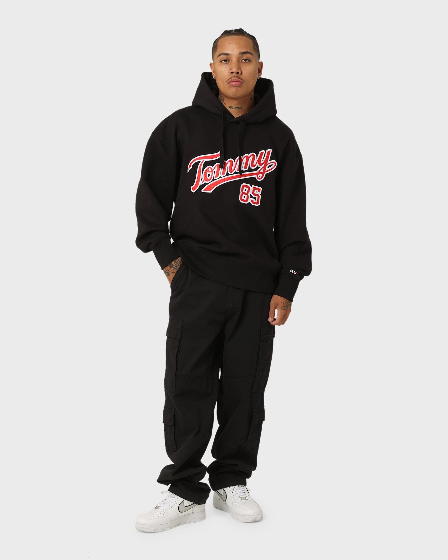 Tommy Jeans TJM Relaxed College 85 Hoodie Black Adjustable Drawstring Waist