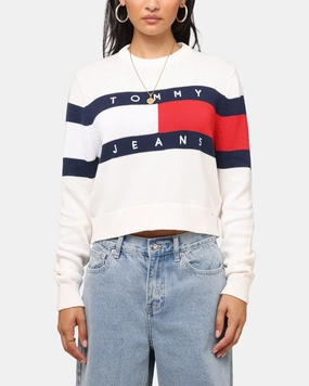 Tommy Jeans Women's Center Flag Sweater Ancient White Stand Collar Double Breasted