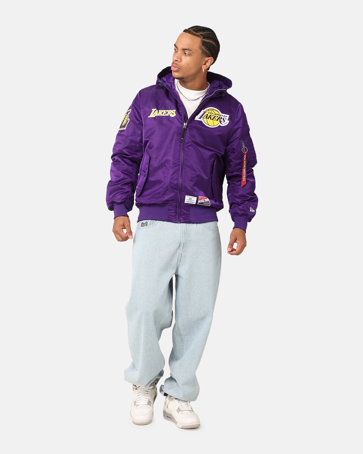 Double Stitched Edging New Era Los Angeles Lakers Alpha Industries L-2B Hooded Bomber Jacket Purple
