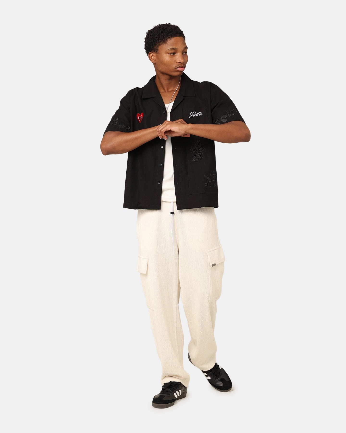 Solid Color Loiter Oasis Embroidered Button Up Shirt Black