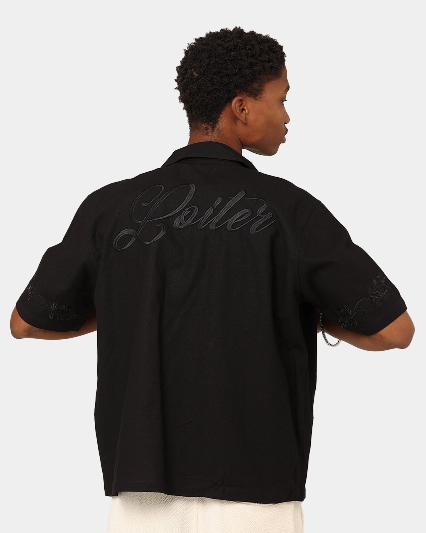 All-day Comfort Loiter Oasis Embroidered Button Up Shirt Black