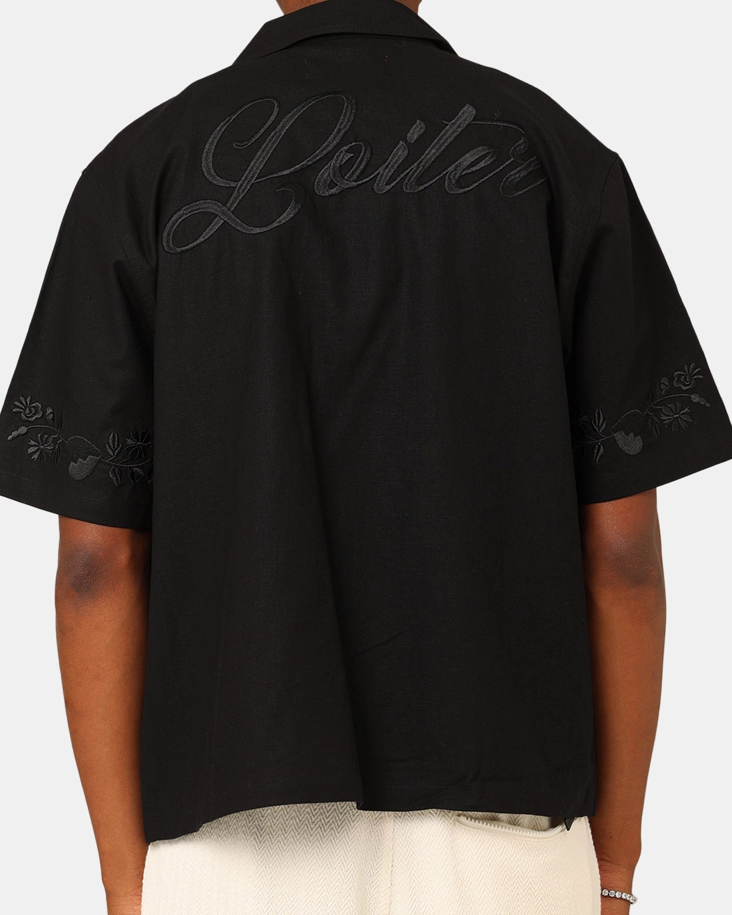 Loiter Oasis Embroidered Button Up Shirt Black Stretch Fabric Soft Touch Fabric