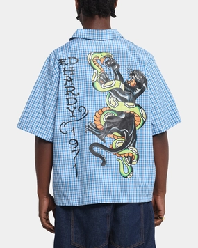 Ed Hardy Panther Button-Up Shirt Blue High Density Weave