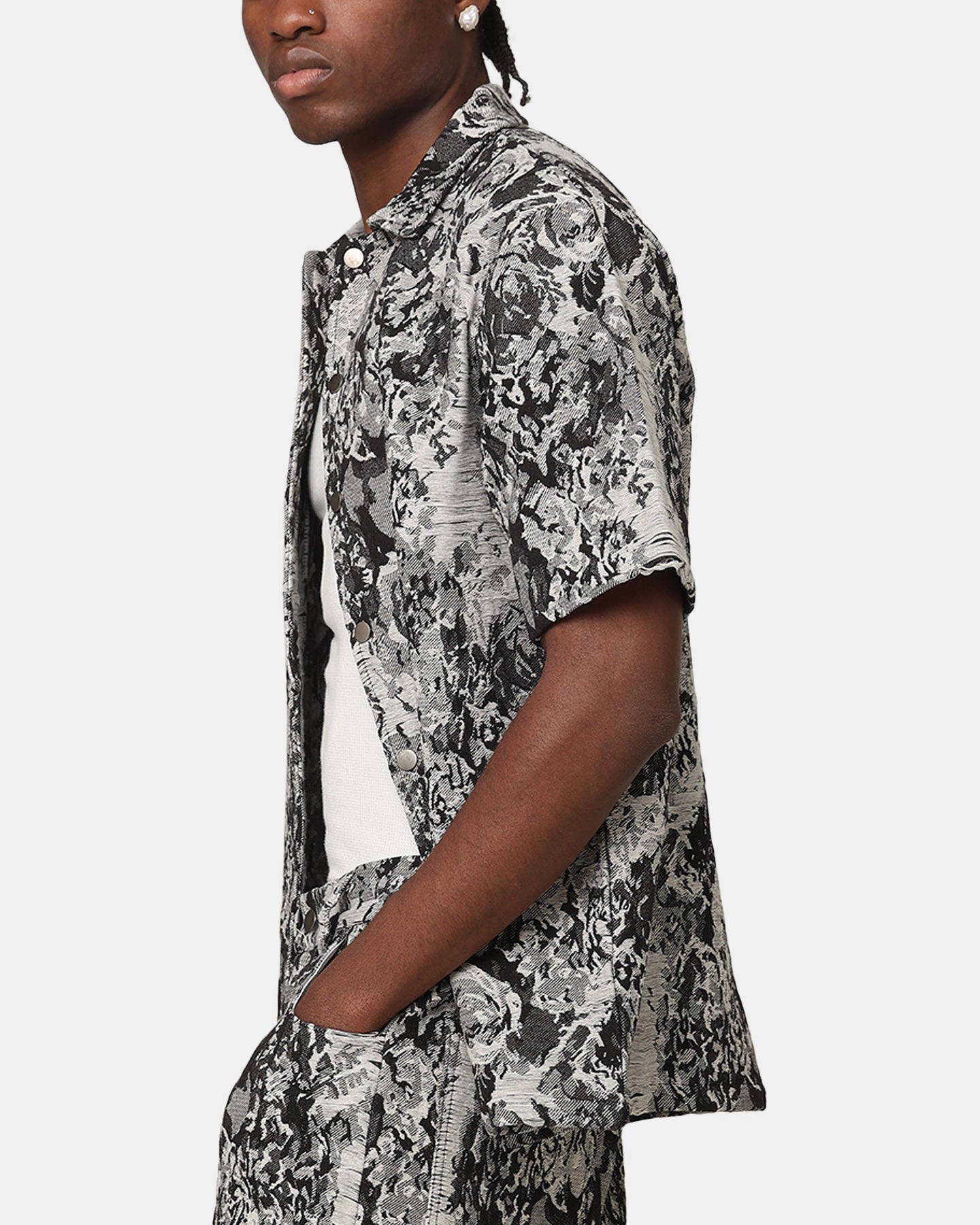 Dinner Date Casual Friday XXIII Denim Jacquard Button Up Shirt Black Denim