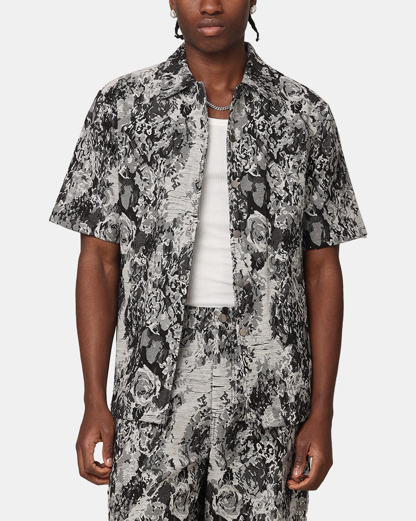 All Purpose Weave Design Lounge Wear XXIII Denim Jacquard Button Up Shirt Black Denim