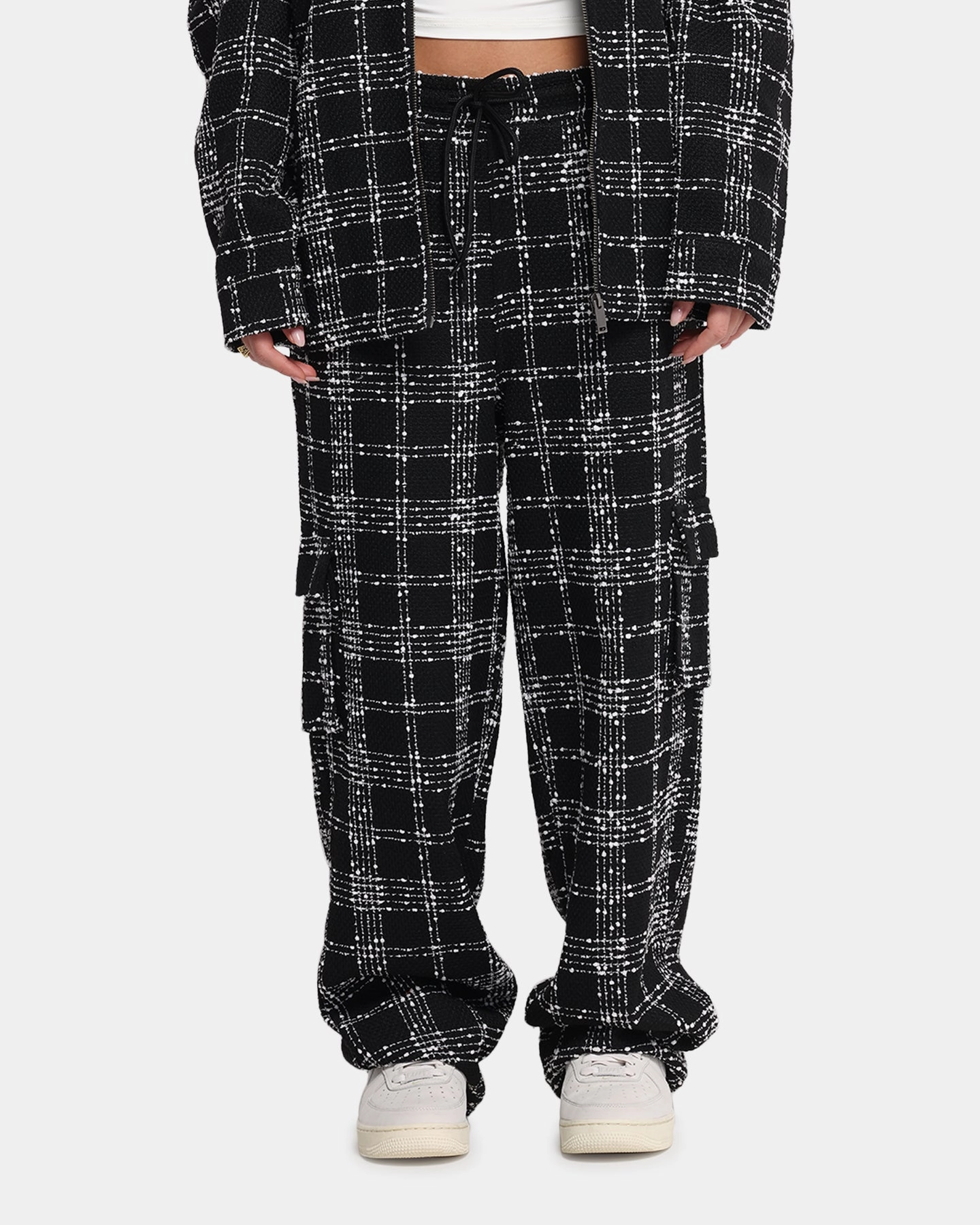Sweat Wicking Lining Sporty Comfort XXIII Boucle Tweed Cargo Pants Black/White