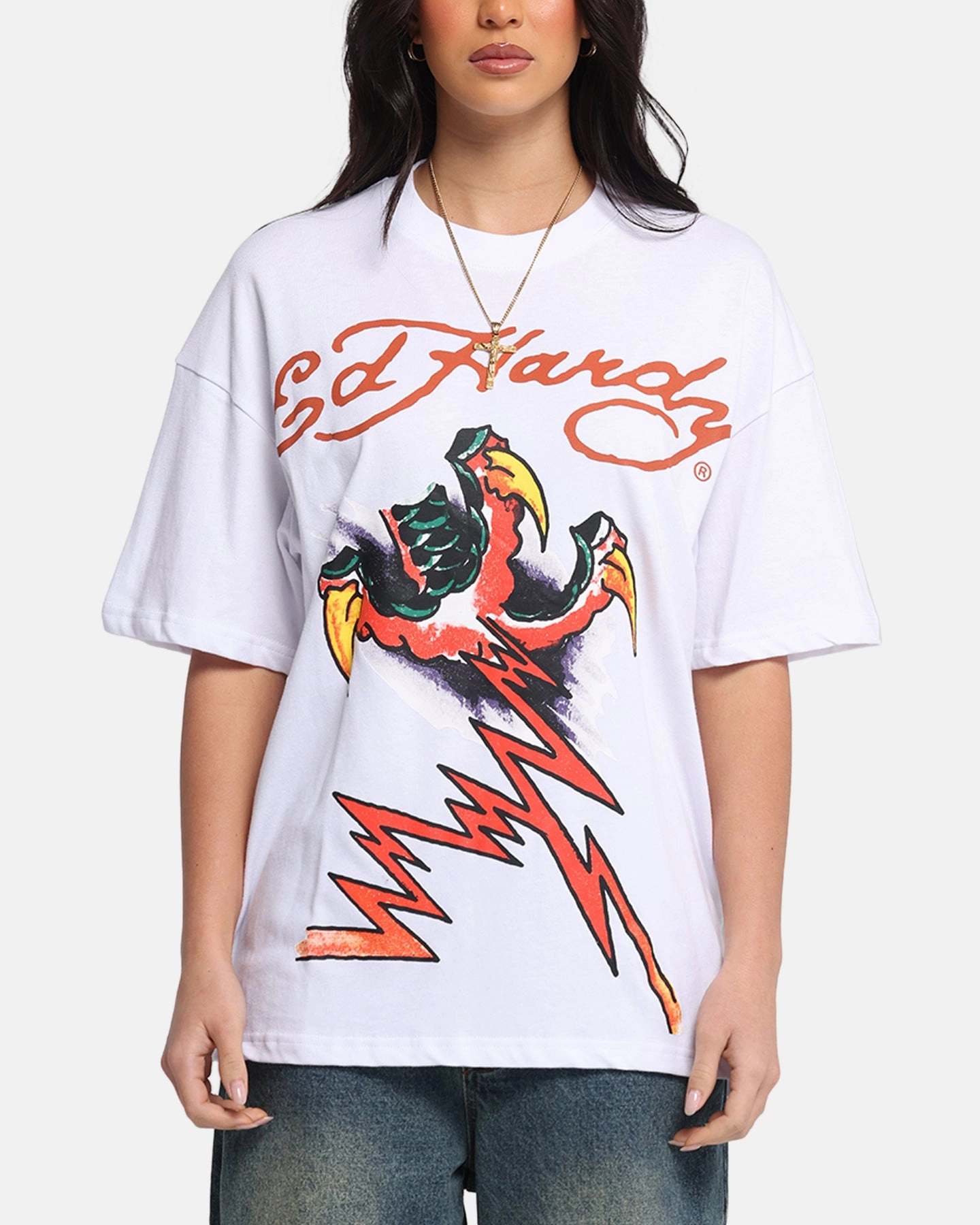 Ed Hardy Lightning T-Shirt White Yarn Dyed Stripes Loose fitting comfort
