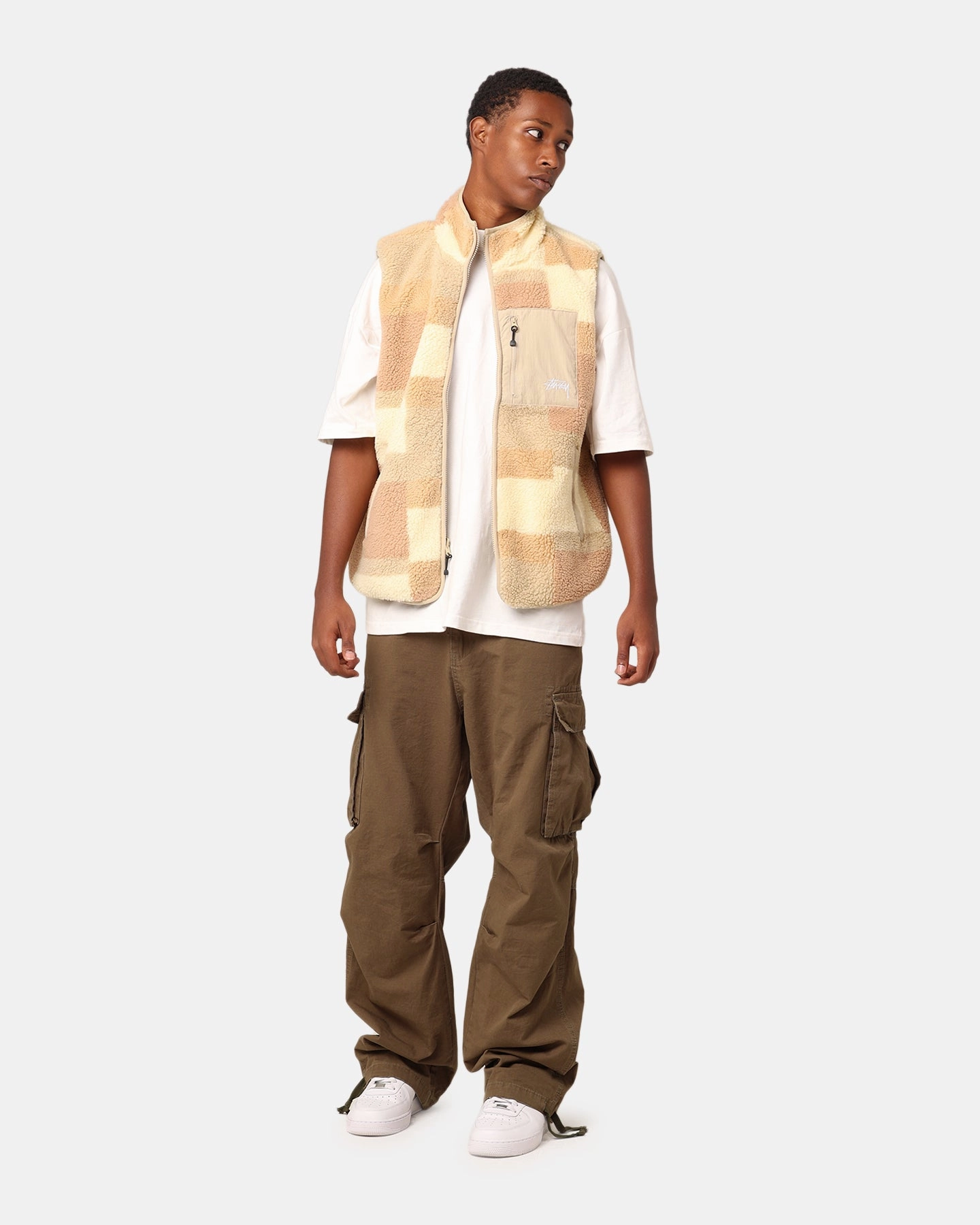 St??ssy Square Jacquard Sherpa Vest Tan suitable for talent shows
