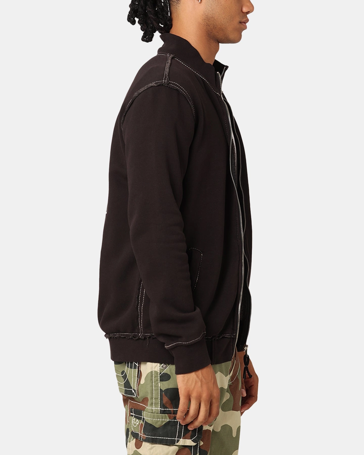 True Religion Big T Mock Neck Zip Through Jacket Jet Black Versatile Layering Adjustable Drawstring Hood