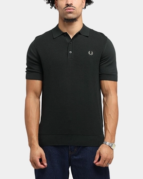 Fred Perry Waffle Stitch Knitted Shirt Green Casual Friday Logo Detail